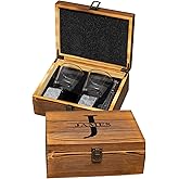 Custom Bourbon Whiskey Glasses & Chilling Stones Wooden Box Set for Men, Personalized Whiskey Lovers, Wedding and Corporate Present, Father's Day Gift (Monogram)