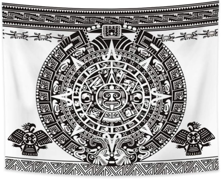 Lfeey Aztec Calendar Tapestry Black and White Vintage Mayan Old Sign Ancient Words Wall Hanging Polyester Fiber Art Blanket with Clip Hanger for Bedroom Living Room Dorm Home Decor 33.9