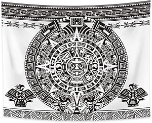 Lfeey Aztec Calendar Tapestry Black and White Vintage Mayan Old Sign Ancient Words Wall Hanging Polyester Fiber Art Blanket with Clip Hanger for Bedroom Living Room Dorm Home Decor 33.9