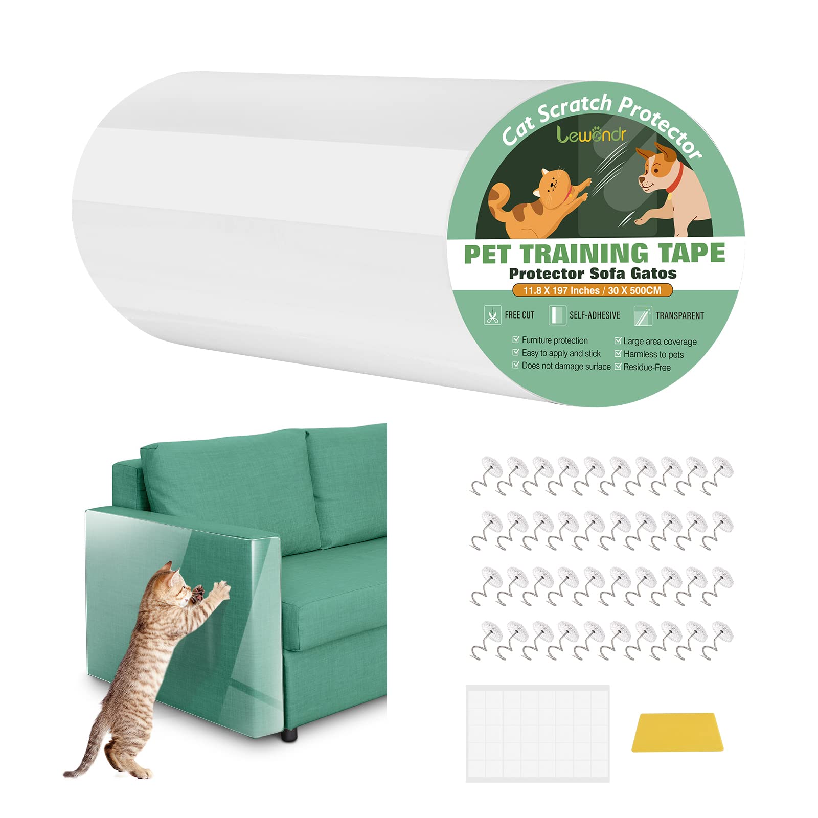 Lewondr Anti Scratch Cat Furniture Protector, 11.8 x 197 Clear Couch Protector for Cats, Single Side Cat Scratching Deterrent Training Tape with 40 Pins + 40 Nano Tapes for Sofa, Couch, Carpet, Door