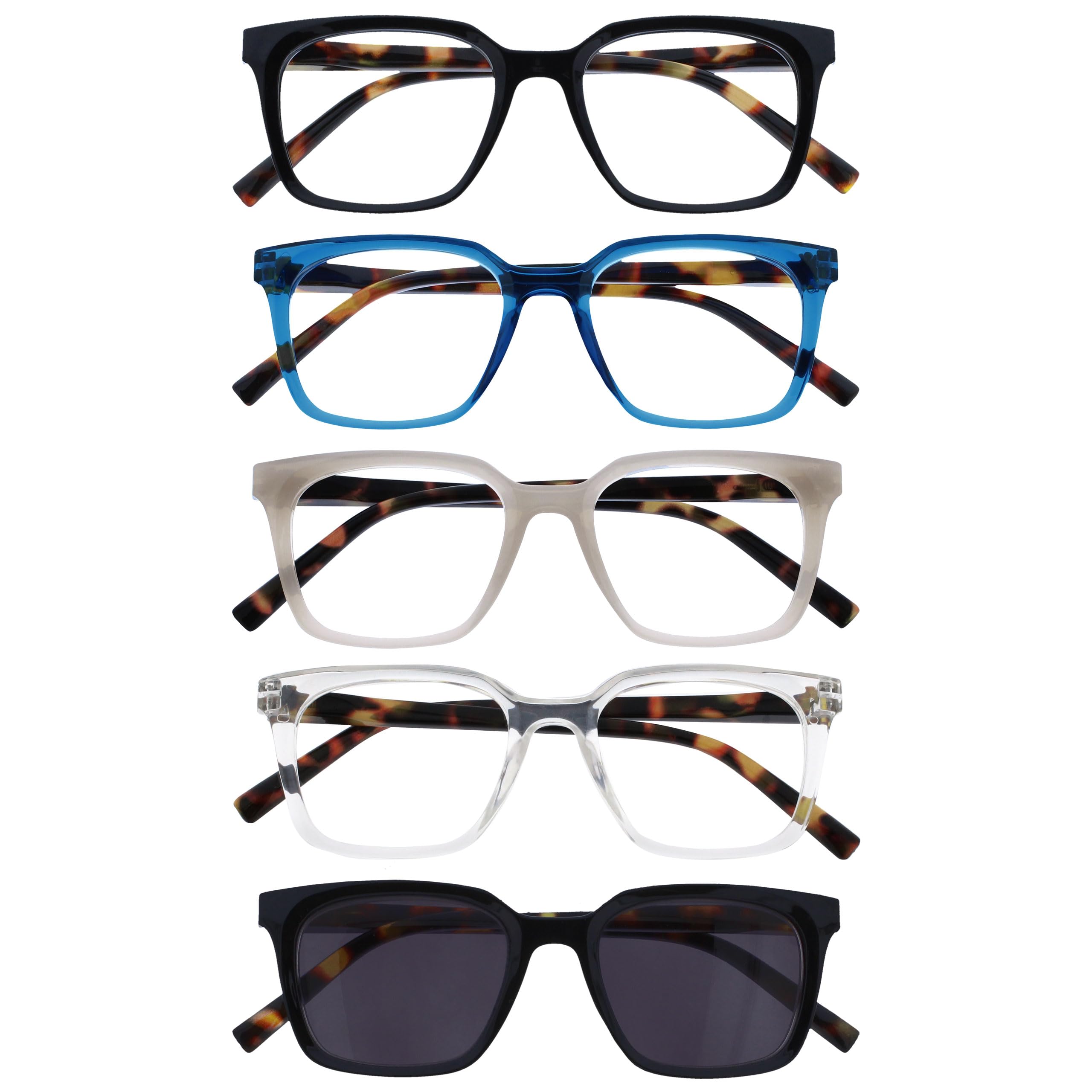 OPULIZE KOI Reading Glasses With Reading Sunglasses 5 Pack - Rectangular Frame - Black-Blue-Grey-Clear-Black - Mens Womens - Spring Hinges - RRRR50-57CQ - +1.00