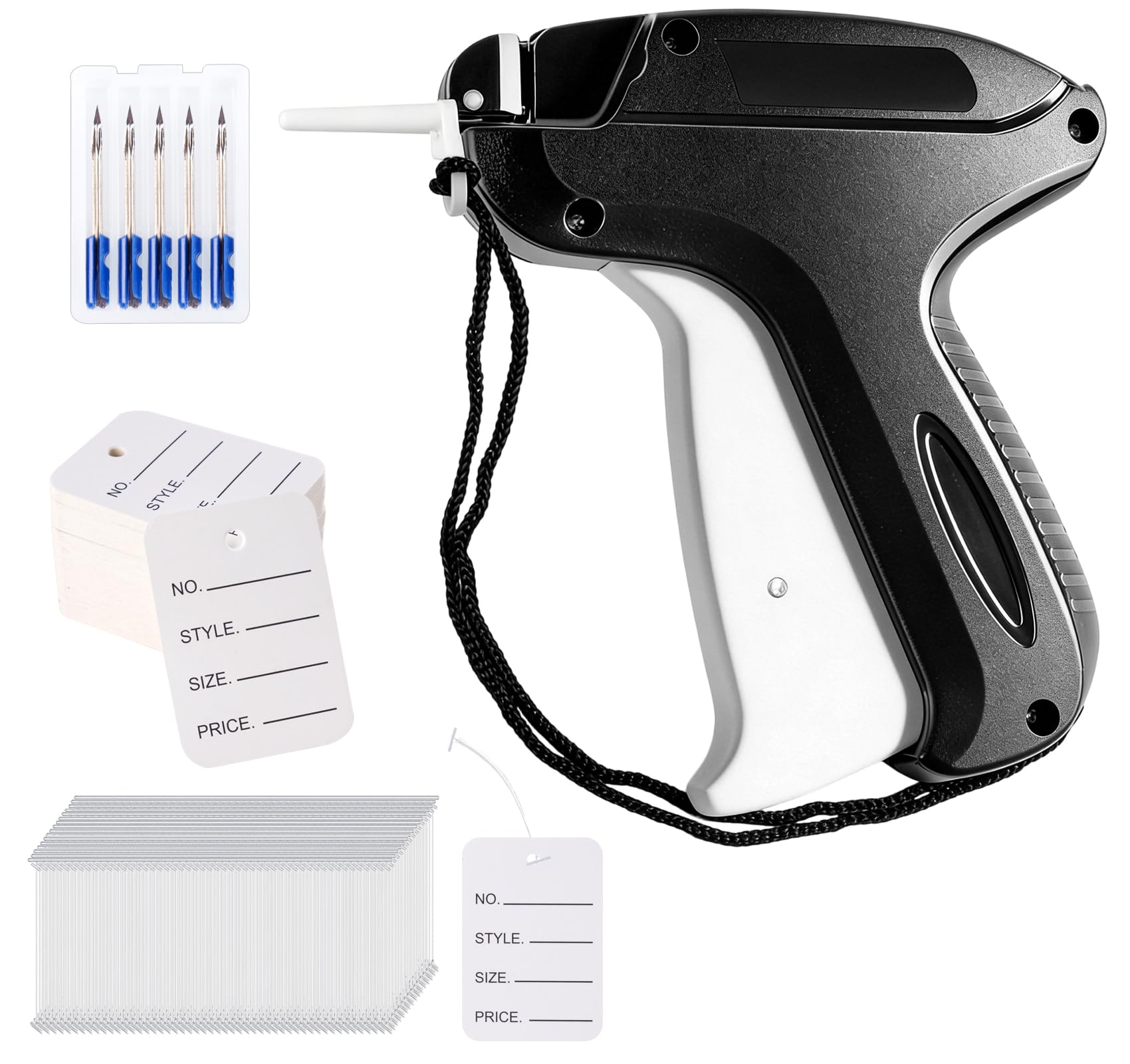 ilauke Clothes Tagging Gun Kit, Price Gun Black Tag Gun for Clothes with 200 White Price Tags 5x3.5cm & 5 Replacement Needles 2mm & 2000 Tag Barbs Fasteners 5cm, Kimble Gun Textile Label Attacher Gun