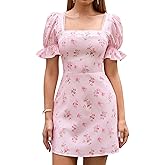 HTZMO Women Floral Puff Short Sleeve Summer Sundress Lace Square Neck Casual Boho Beach Vacation Cute Mini Dresses