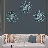 DXYAKY Set of 3 Blue Metal Starburst Wall Art Decor, Rhinestone Crystal Home Decor Accents, 9.8 Inch Decorative Wall Hanging Diamond, Jeweled Sparkle Wall Sculptures for Living Room Bedroom