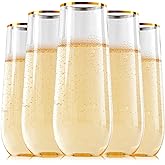 FOCUSLINE 24 Pack 9 Oz Plastic Stemless Gold Rim Champagne Flutes, Heavy Duty, Shatterproof, Disposable & Reusable Crystal Clear Toasting Glasses