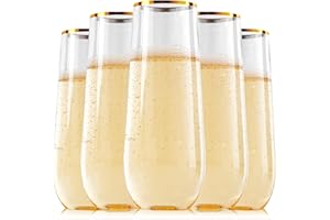 FOCUSLINE 24 Pack 9 Oz Plastic Stemless Gold Rim Champagne Flutes, Heavy Duty, Shatterproof, Disposable & Reusable Crystal Clear Toasting Glasses