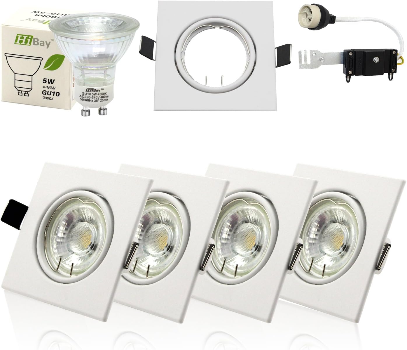 HiBay® 4 x LED COB GU10 Fitting Ceiling Downlight, Square White Frame Recessed Lighting, Energy Saving Spotlights Bulbs, 5W Warm White, 400 Lumen, 35W Halogen Lamp Equivalent