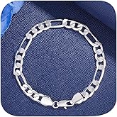 ZDIFDIC 925 Sterling Silver Flat Figaro Chain Mariner Link Chain 8mm Solid Italy Link Women's Men's Bracelet 22 cm / 8.7 inches