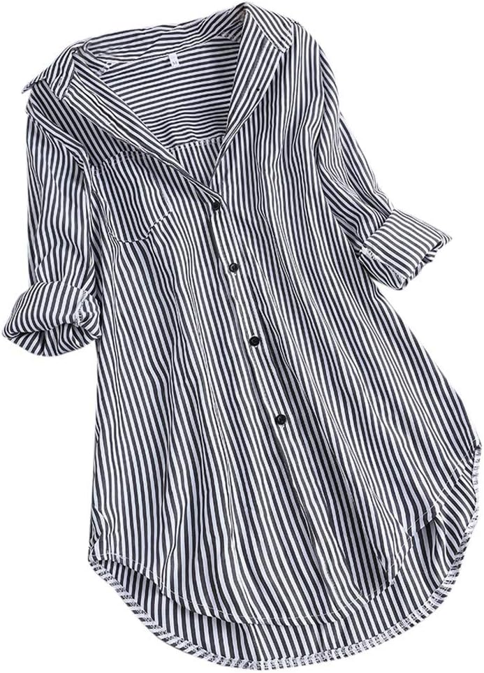 Womens Blouse Tops Long Sleeve Women Shirt for Women Long Sleeves Stripe Button Loose Fit Cotton Casual Pullover