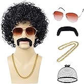 Wallden Hair 70s 80s Mens Disco Wig 5pcs set (Glasses+ Golden Chain+ Mustache+ Wig Cap) Short Afro Curly Wigs For Retro Disco Outfit Men Party Hippies Rocker Cosplay Costume Halloween（Black）