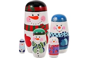 FOMIYES Wooden Russia Dolls, 5 Layers Snowman Pattern Stacking Dolls Smiling Snowman Figurines Snowman Winter Decoration Toy Christmas Birthday Gift
