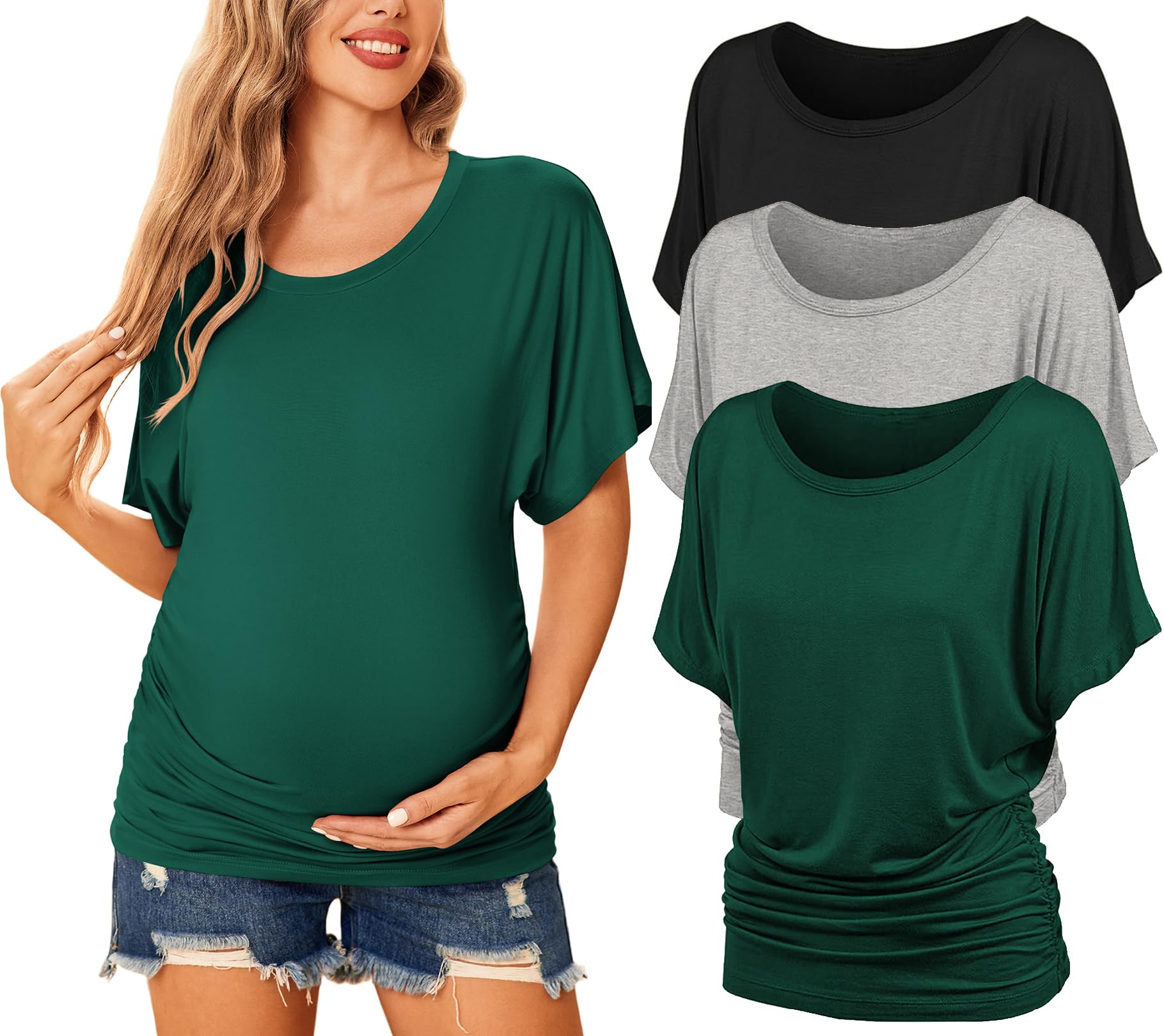 Photo 1 of Ekouaer Maternity Shirts 3 Packs Dolman Sleeve Side Ruched Tops Tunic Casual Pregnancy Clothes Black/Green/Gray XXL