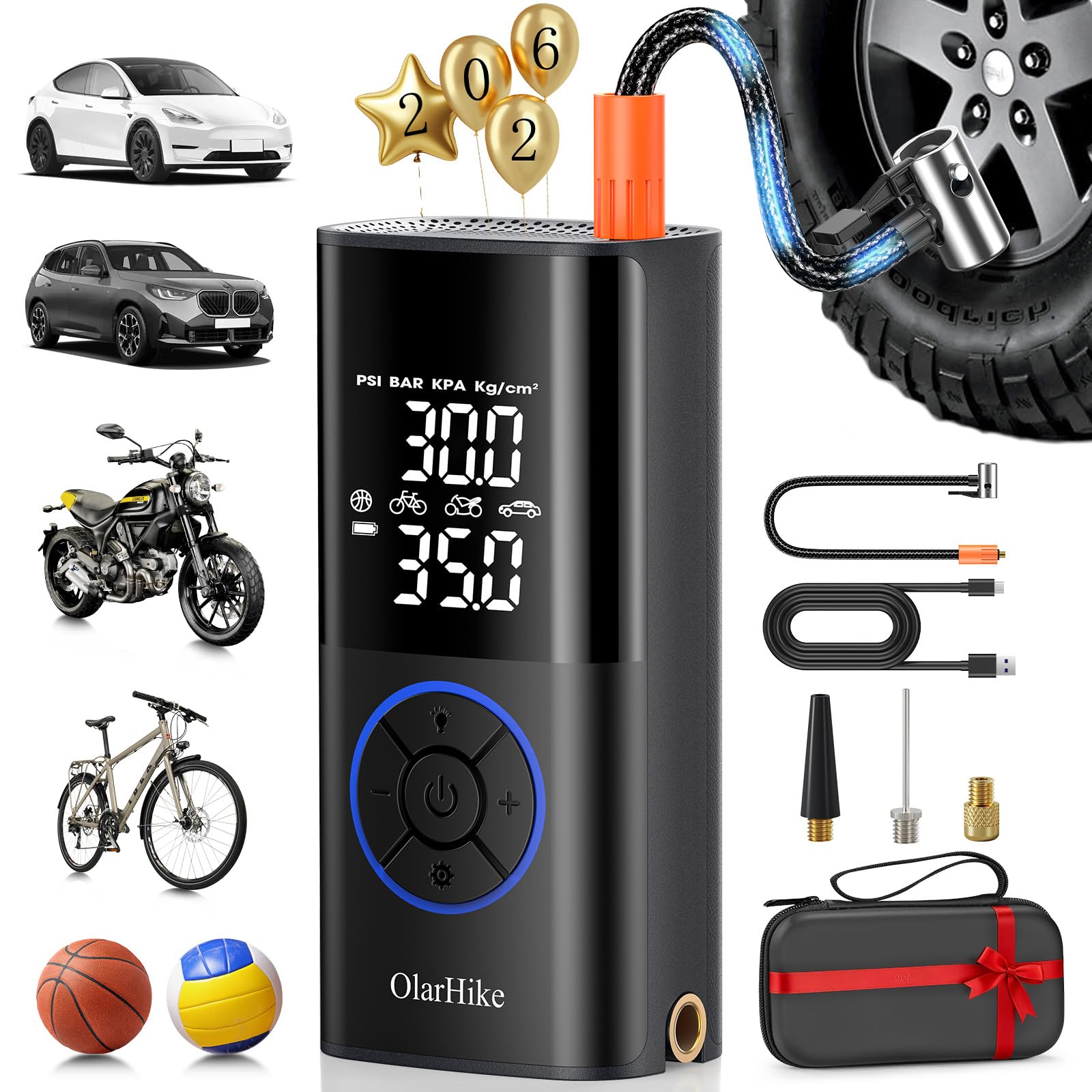 OlarHike Tire Inflator Portable Air Compressor,Smart Dual Hose System,160PSI Auto Air Pump for Car Tires,Gift for Drivers & Cyclists,Electric Car Accessories with LED Light & Digital Pressure Gauge Image