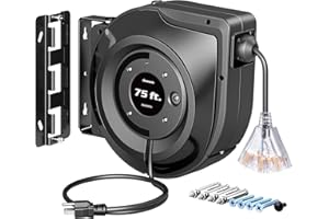 DEWENWILS 75FT Extension Cord Reel, 14/3C SJTW Retractable Cord Reel, Lighted Triple Outlets, Retractable Extension Cord, 10A