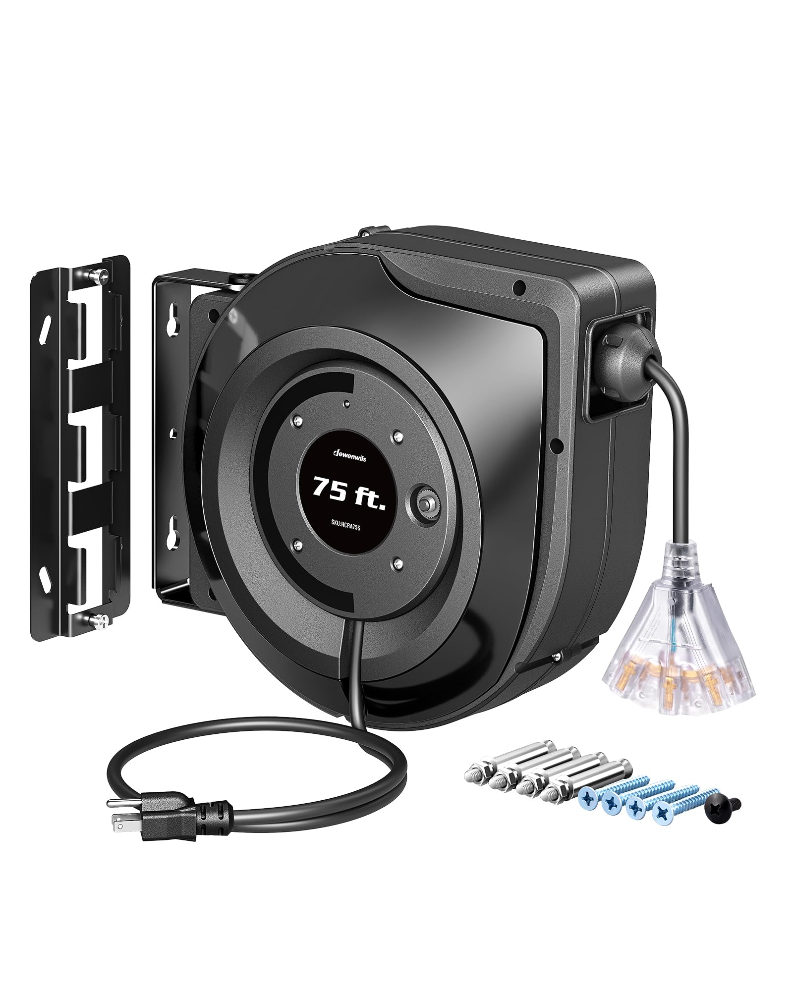 Photo 1 of DEWENWILS 75FT Extension Cord Reel, 14/3C SJTOW Retractable Extension Cord Reel, Lighted Triple Outlets, 10A Circuit Breaker, Heavy Duty Power Cord, UL Listed, Ceiling/Wall Mount