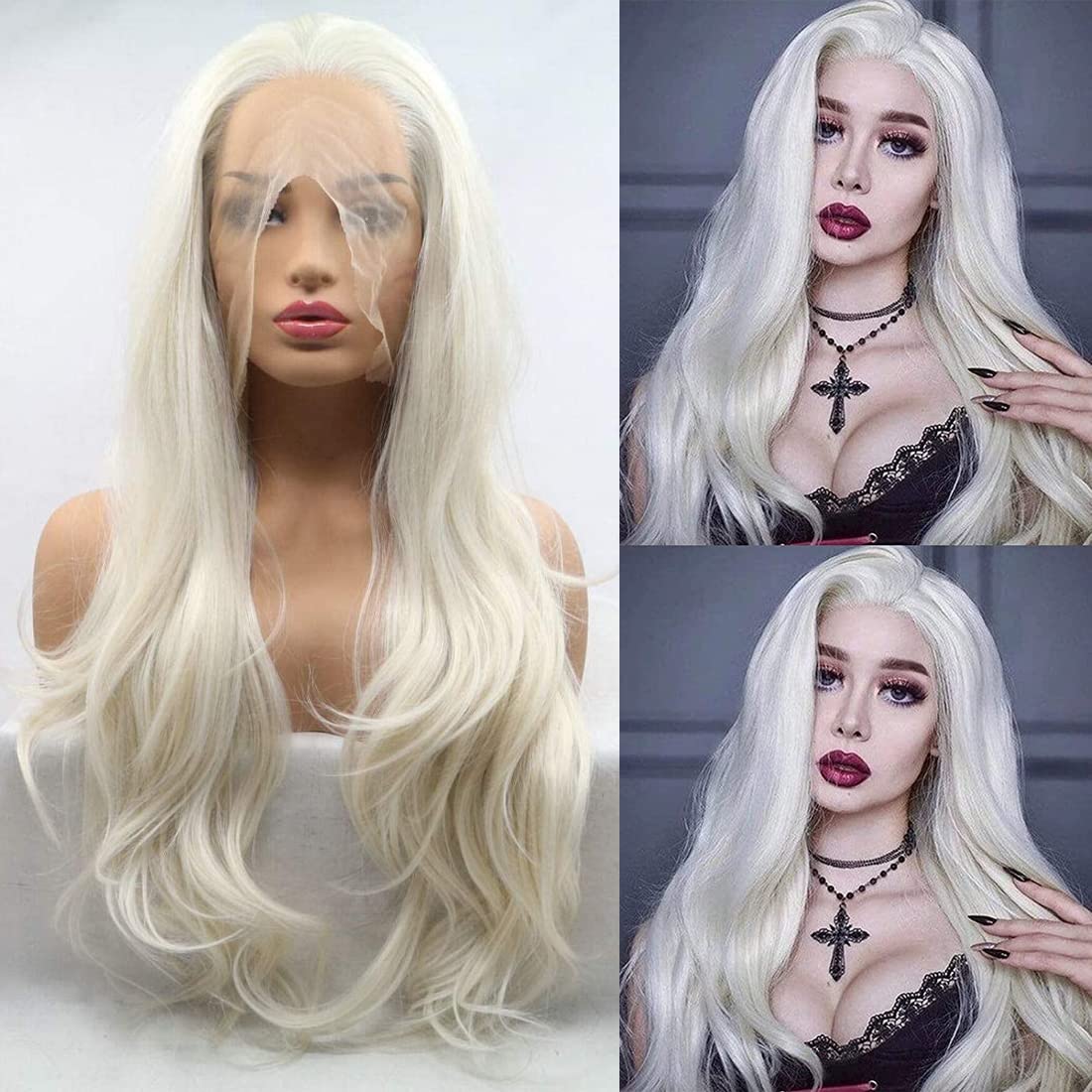 Blonde White Lace Front Wigs for Women Long Wavy Realistic Natural Hairline Platinum Blonde Curly Synthetic Lace Front Wig Glueless Real Hair Wigs Coloured Heat Resistant Drag Cosplay Daily 24 Inch — image 1
