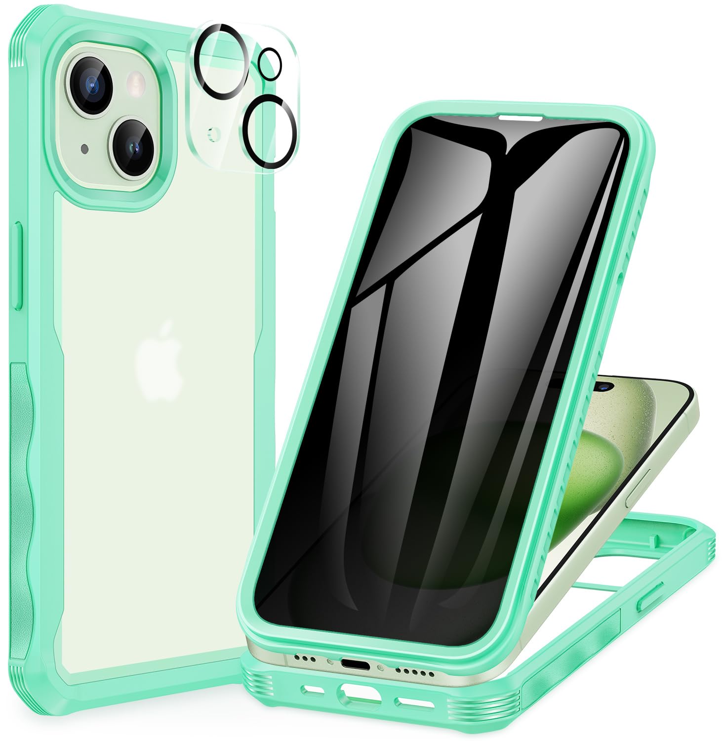 CENHUFO Compatible with iPhone 15 Case Built-in Privacy Screen Protector with Camera Lens Protector, 360 Full Body Protective Personal Privacy Case for iPhone 15 -Green