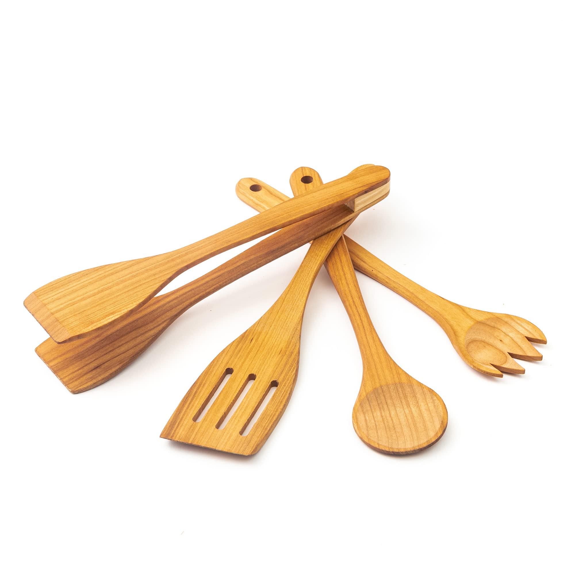 Tuuli Kitchen 4 Piece Wooden Kitchen Utensils Set Cherry Wood (BBQ Tongs, Cooking Spoon, Fork, Spatula)