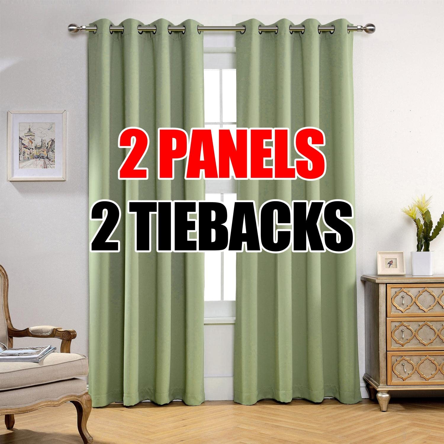MIUCO Room Darkening Soild Grommets Blackout Curtains Panels for Doors Window Curtains 8 Eyelets Set of 2 52 Inch Wide 95 Inch Long Sage, Bonus 2 Tie Backs Included