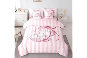 ArtfulHome Shell Pearl 7 Pcs Bedding Set Twin Bowknot Comforter Set with Sheets Coquette Bowknot Bed in A Bag Summer Ocean Co