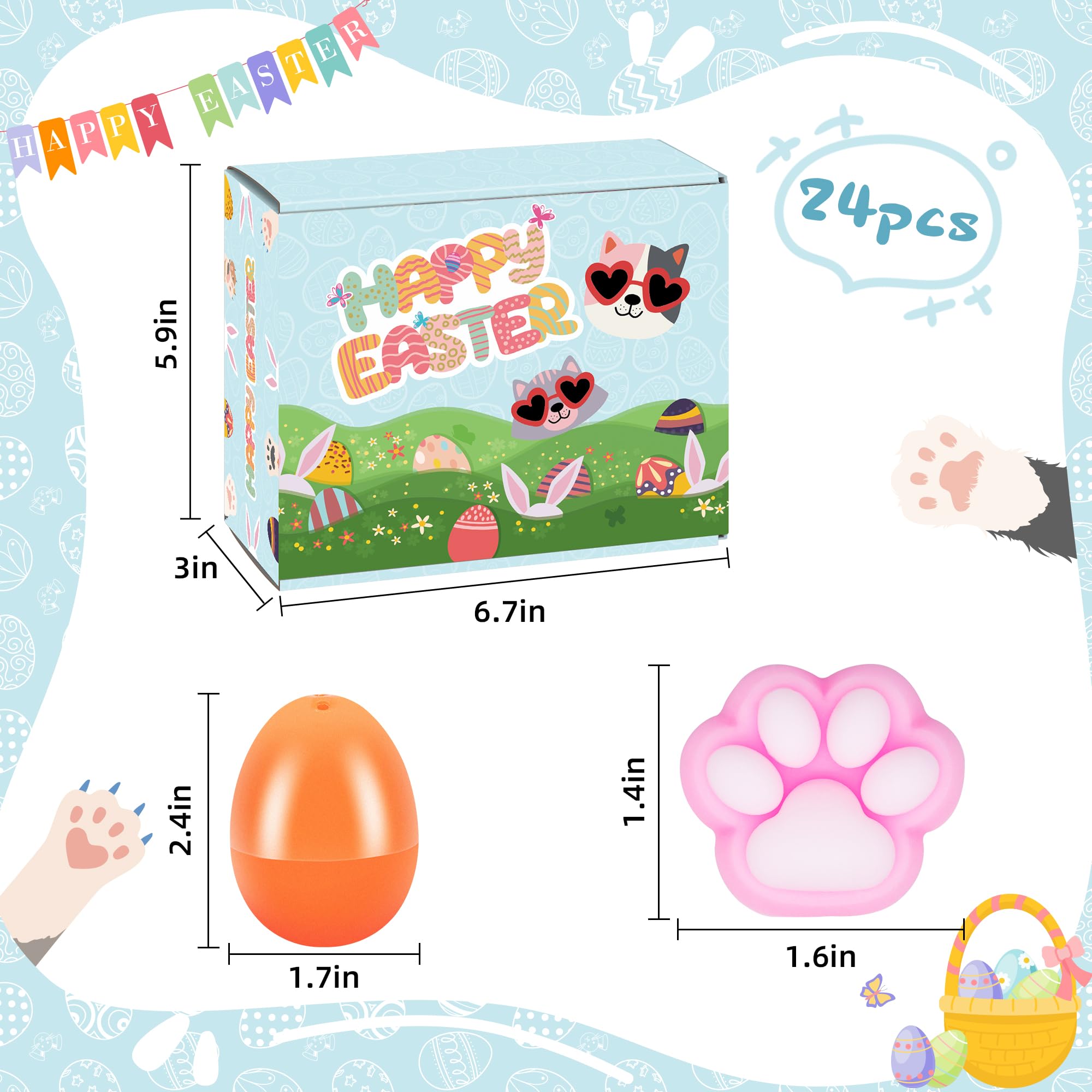 24 Packs Easter Eggs Fillers - Squishy Cat Paw Squeeze with Colorful Eggs for Easter Baskets,Egg Hunt, Toddler, Kids, Boys, School Class Classroom Party Favor