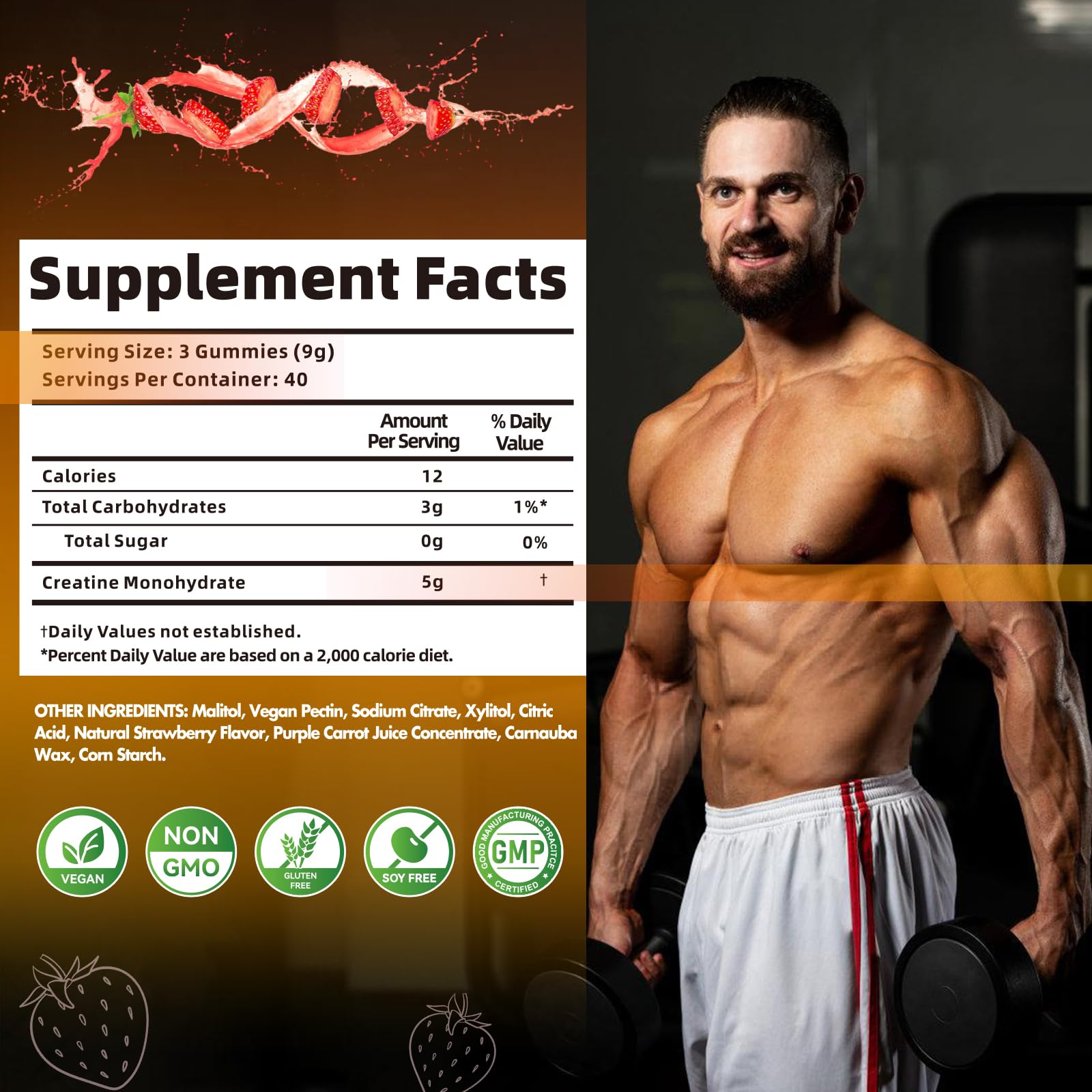 Nutravita Creatine Monohydrate Gummies for Men & Women-5g of Creatine Monohydrate per Serving - Sugar Free,Vegan, Strawberry Flavor, 120 Count
