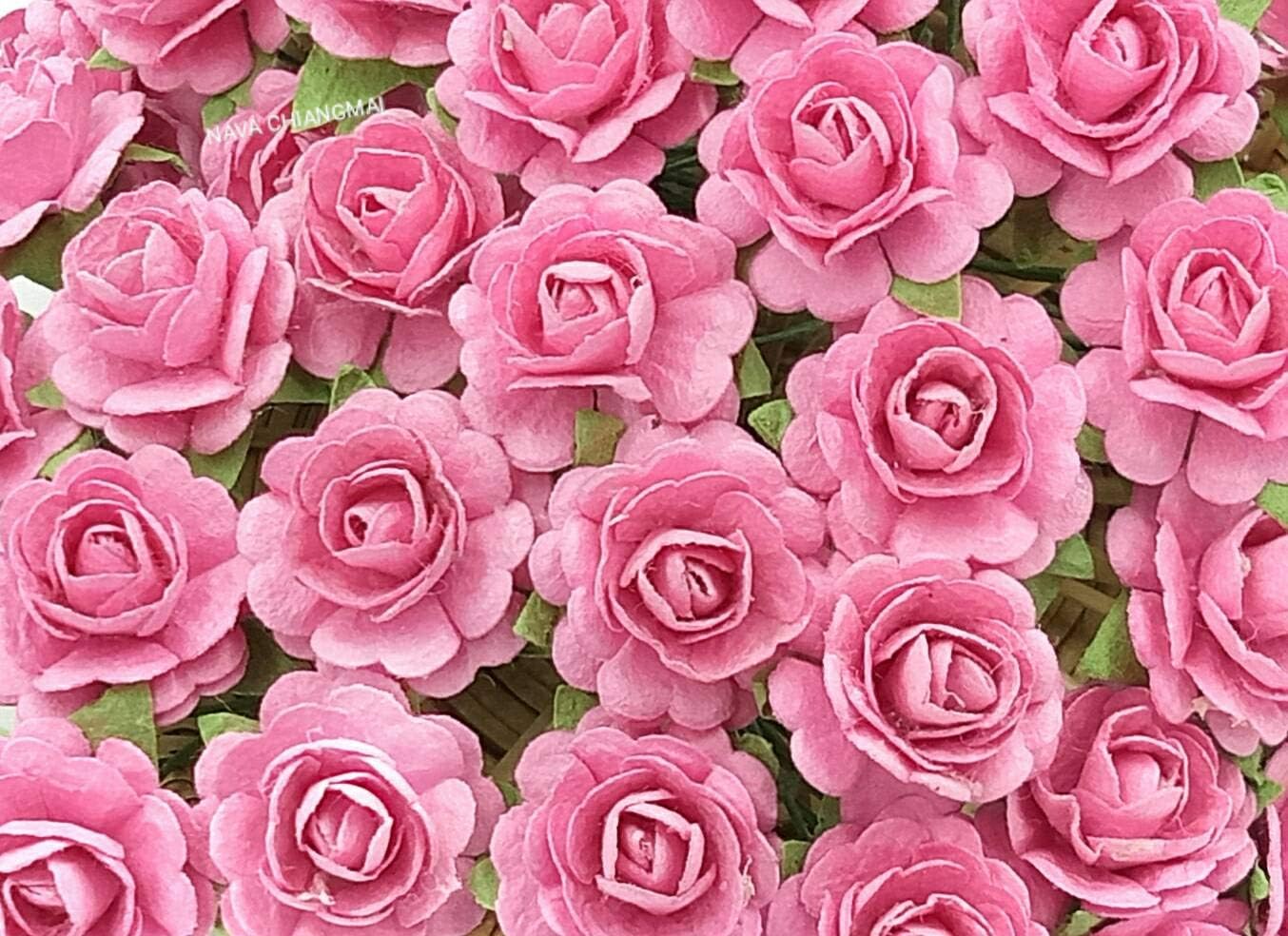 NAVA CHIANGMAI FLOWERS Beautiful Artificial Mulberry Paper Rose Flower (Heart Petals Rose) Wedding Card Embellishment, Scrapbooking Wedding Doll House Supplies Card,DIY Flower Accessories. (Pink)