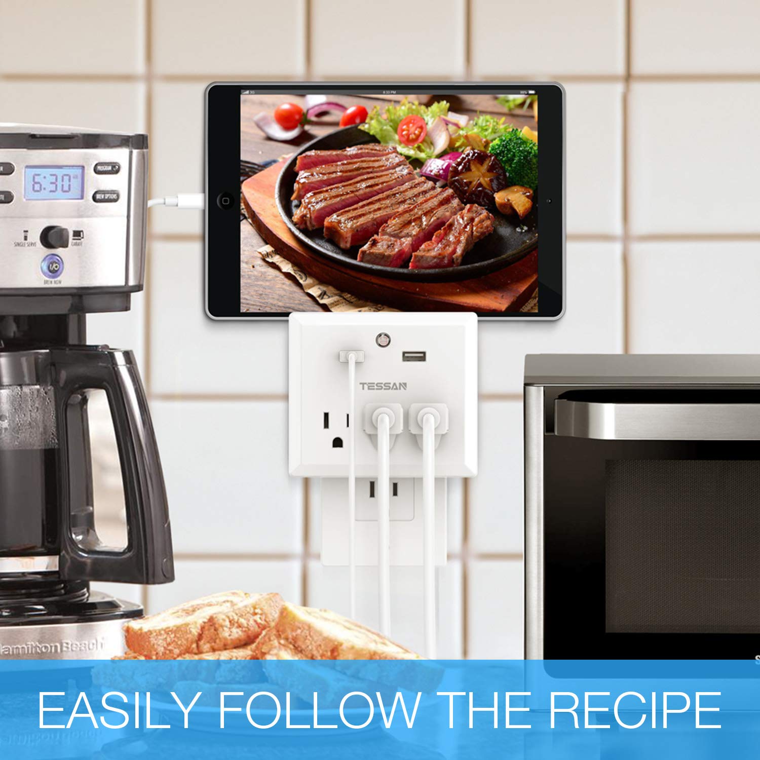 TESSAN Wall Mount 3 AC Outlets with 2 USB + 1 Type-C Port (Total 5A/25W) and Auto Sensor LED Night Light, Fireproof Safety and Fast Charging, Power Rating 1875W