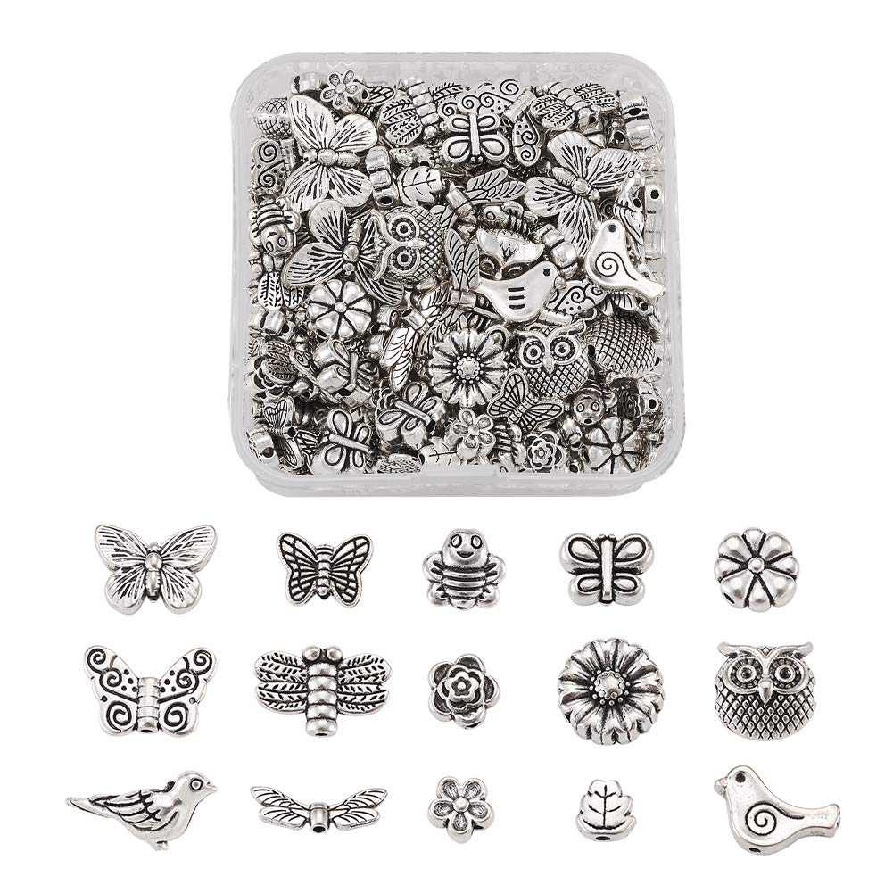 Cheriswelry 150pcs Tibetan Silver Butterfly Flower Spacer Beads Owl Bird Dragonfly Bees Loose Beads Charms for Jewelry Making Hole: 1-2mm