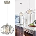 XSDeTu Brushed Nickel Pendant Light Fixtures, Modern Crystal Hanging Ceiling Light, Farmhouse Small Chandeliers, Metal Cage Pendant Lighting, Adjustable Pendant Lights Kitchen Island, Hallway