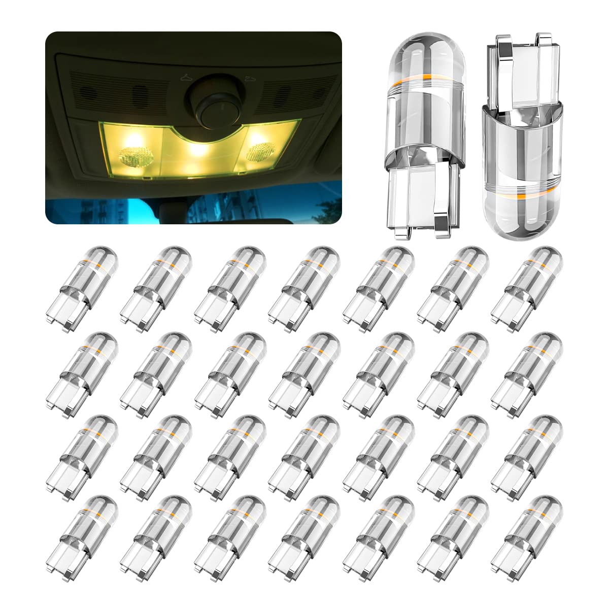Photo 1 of 30-Pack 194 LED Light Bulbs 6000K White, 168 2825 W5W T10 Wedge COB LED Replacement Bulbs, Dome Map Door Courtesy License Plate Lights, 0.36W 12V Error Free Interior Bulbs for Cars (Yellow)