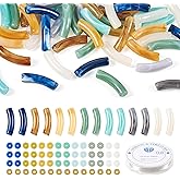 Craftdady 121Pcs Two Tone Acrylic Curved Tube Beads Making Kit, Colorful Glass Circle Coin Beads Flat Round Brass Rondelle Spacer Bead with Elastic Crystal Thread for DIY Bracelet Jewelry Making