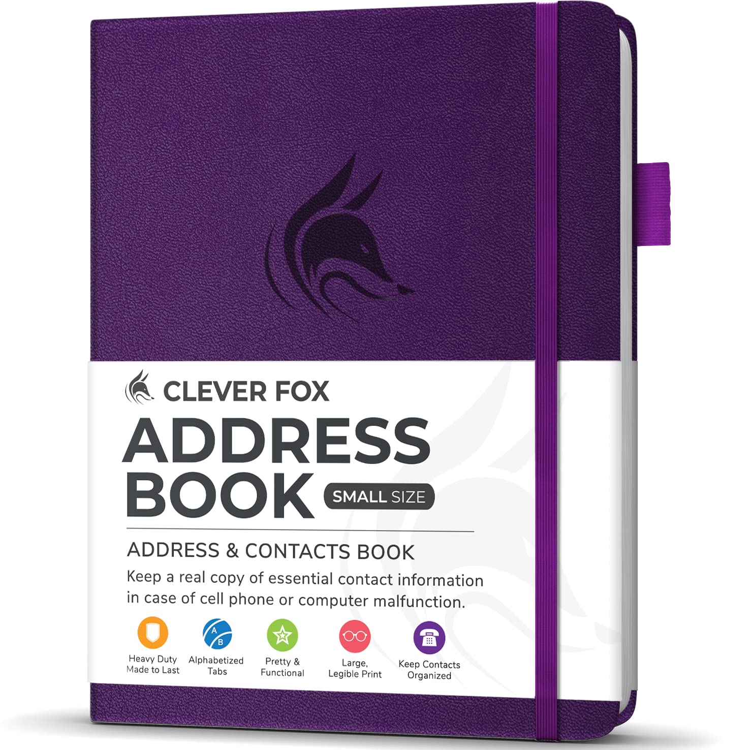 Clever Fox Address Book with alphabetic tabs - PU Leather Telephone and Address Book for Keeping Contacts Safe, Contact Organizer Journal, Small Size (10.5 x 14cm), Hardcover, Purple — image 1