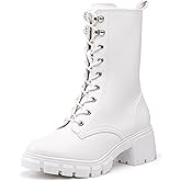IDIFU IN3 Platform Combat Boots for Women Mid Calf Lace Up Boots Lug Sole Low Chunky Block Heel Boots Closed Round Toe Side Zipper Booties Fashion Thick Fall Heeled Boots-LOOSEN ALL LACES FIRSTLY