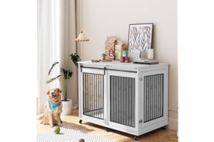 IchbinGo Large Dog Crate Furniture, 47" Wooden Dog Kennel with Sliding Barn Door, Flip-Top Lid & Wheels, Indoor Pet Crate Table with Detachable Divider for Small/Medium/Large Dogs (White)