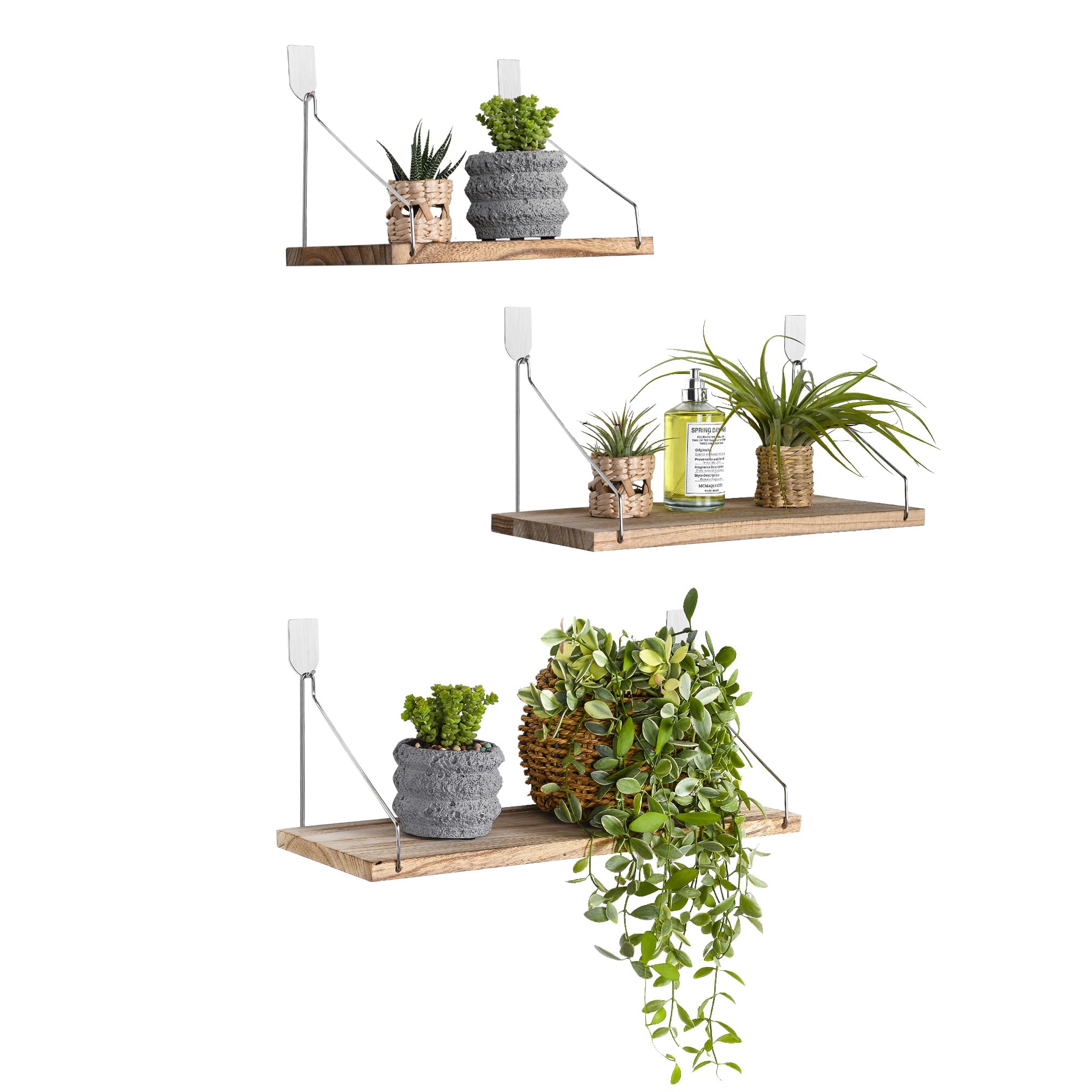 Photo 1 of MITIME Floating Shelves Set of 3 Rustic Solid Wood Floating Shelf Wall Storage Shelves for Living Room, Bedroom, Bathroom, Kitchen Laundry, Office,no Drill Shelf (Light Color L+M+S)