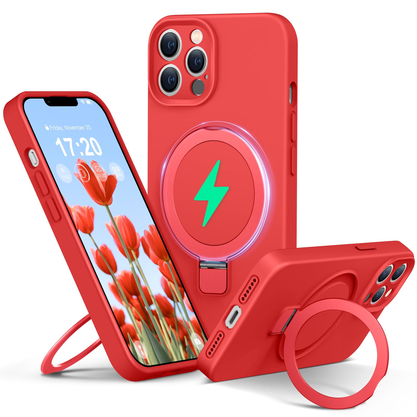 Photo 1 of PuyaTeya Liquid Silicone Case for iPhone 12 pro with Magnetic Ring Stand, Upgraded Camera Lens Protection, Mil-Grade Drop Shockproof, Anti-Scratch Microfiber Lining Silicone Case (Red)