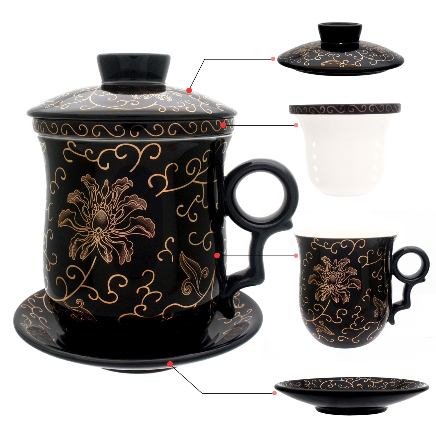 HOLLIHI Porcelain Tea Cup with Lid and Saucer Infuser Sets - Chinese Jingdezhen Ceramics Coffee Mug Teacup Loose Leaf Tea Brewing System for Home Office