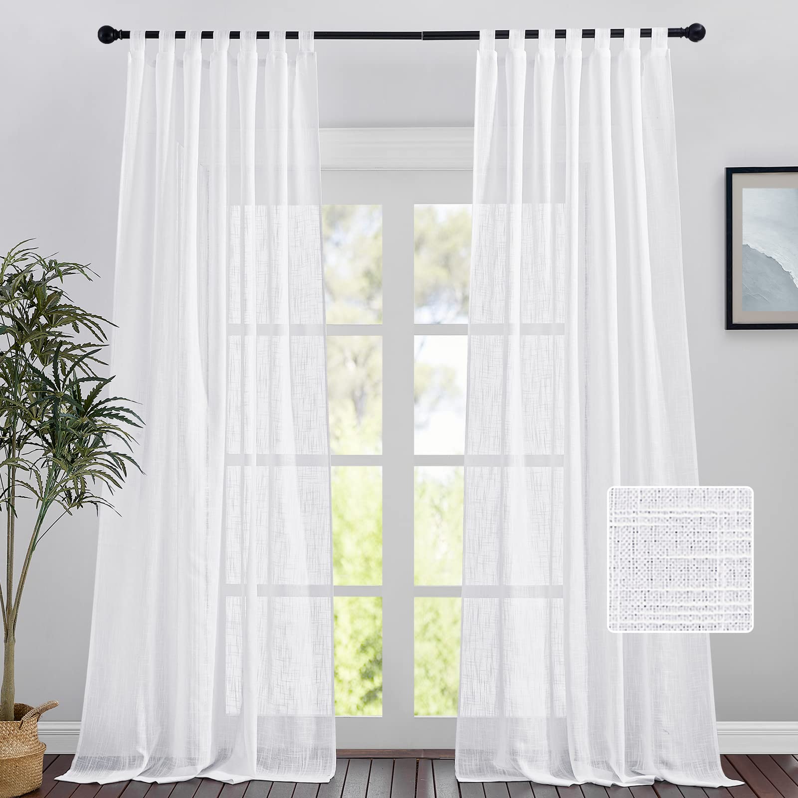 PONY DANCE Thick Linen Look Tab-Top Curtain – Set of 2 H 245 x W 140 cm Linen Look Curtain White Semi Transparent Decorative Curtains for Living Room and Bedroom Voile Curtain