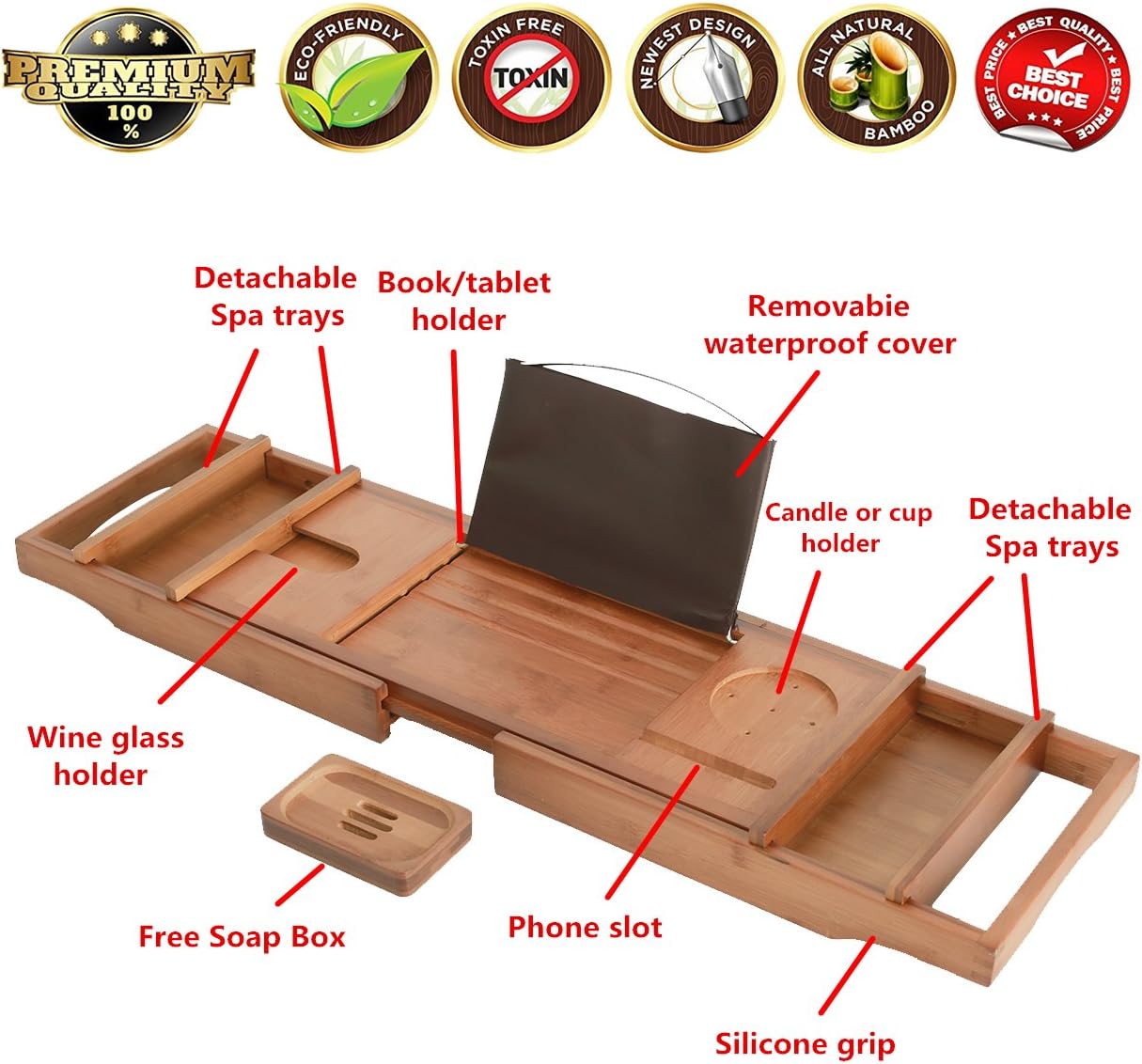 MallBoo Eco-Friendly Luxury Bamboo Bathtub Tray Caddy /Organizer with Extending sides and Adjustable Reading Holder (Brown)