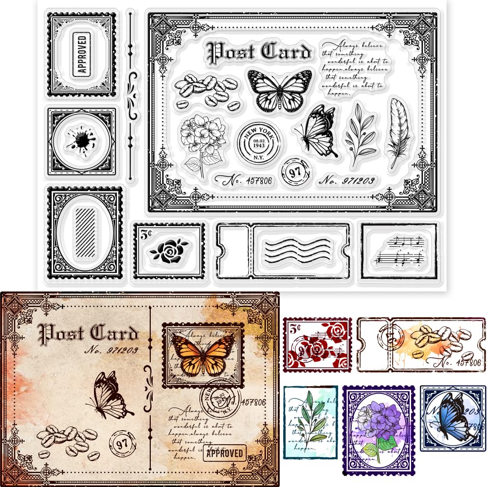 GLOBLELAND Vintage Postcard Clear Stamps 5.83x8.27inch Retro Postcard Clear Silicone Stamps for Card Making and Photo Album Decor Decoration and DIY Scrapbooking
