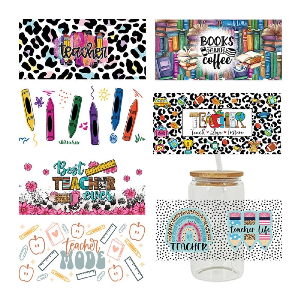 Yalulu 7 Sheet Teacher UV DTF Cup Wrap Transfer Stickers for Glass Cups, Rub on Stickers UV DTF Cup Wrap Sticker, Waterproof Rub Decals for Craft Glass