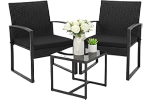 Bezseller 3 Pieces Patio Furniture Set, Outdoor Rattan Bistro Set with Coffee Table, Durable Steel Frame with Strapped Cushions for Garden, Balcony, Poolside, Backyard