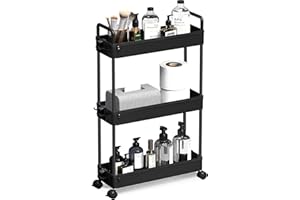 SOLEJAZZ 3 Tier Storage Cart Sliding Rolling Cart Mobile Storage Cart for Kitchen, Bathroom, Laundry Room, Bedroom, Narrow Space, Plastic, Black