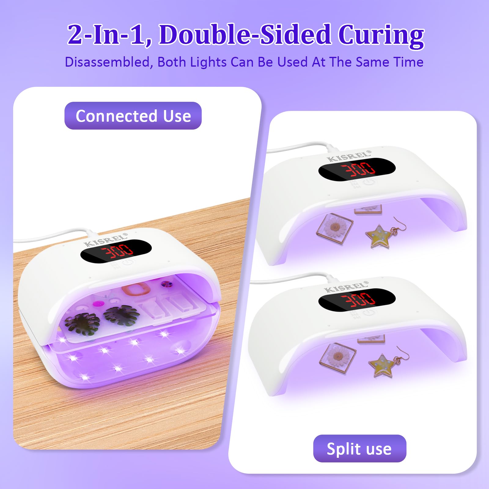 KISREL UV Light for Resin, Large Double-Sided Light with UV Flashlight, 2-in-1 Detachable Resin Curing Machine, 3-Speed Digital Display, 36w Fast Curing Lamp for Crafts, Jewellery Making