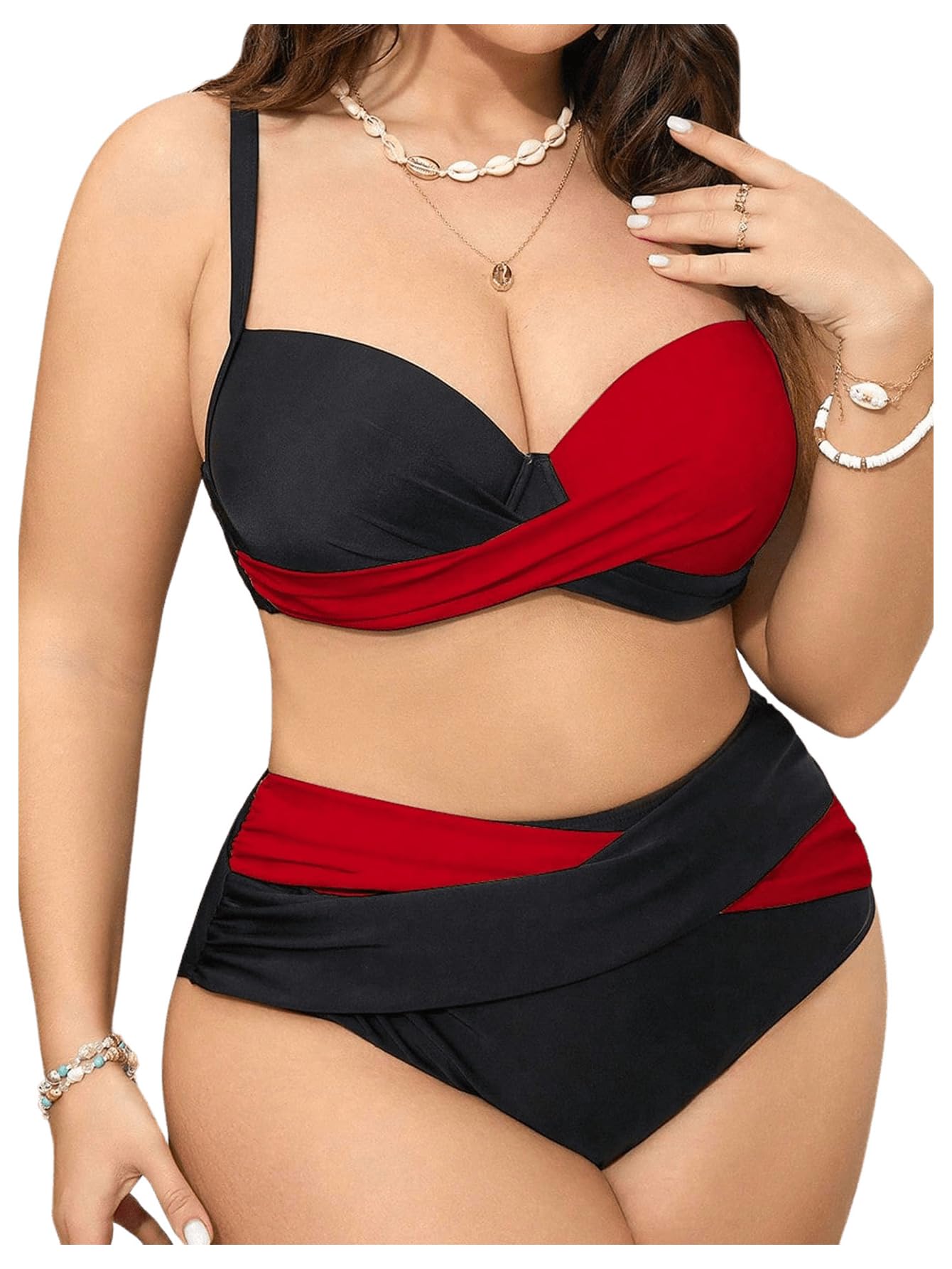 Photo 1 of OYOANGLE Women's Plus Size Color Block Bikini Sets High Waisted Swimsuit Two Piece Push Up Bathing Suits Red and Black XX-Large Plus