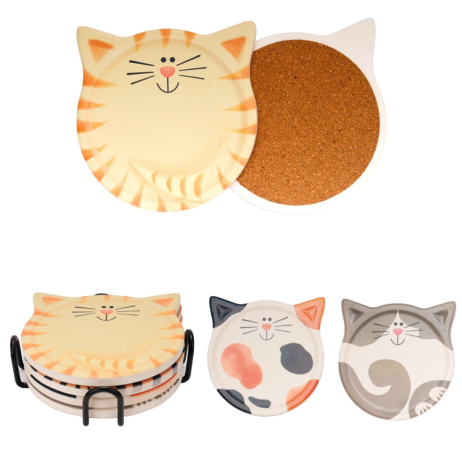 Drink Coasters with Holder, Absorbent Coaster Sets of 4, Cat/Dog Pattern Ceramic Drink Coaster for Tabletop Protection,Suitable for Kinds of Cups, Wooden Table,4 Inches — image 1
