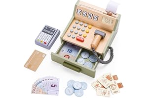 umu Toy Cash Register - Pretend Play Calculator, Credit Card and Scanner Fisher Price Wooden Cash Register Toy Play Food for Boys & Girls,45 Pieces, Ages 3 4 5 6 7 Year Old as Preschool Gift for Kids