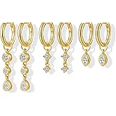 Dainty Gold Dangle Earrings Set, 3 Pairs 14K Gold Plated Hypoallergenic Small Drop Earrings with Geometric Cubic Zirconia Jewelry Gift for Women