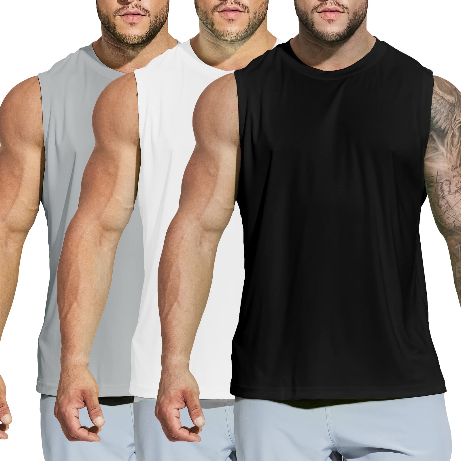 MIER Men's 3 Pack Quick Dry Workout Tank Top Gym Muscle Tee Fitness Bodybuilding Sleeveless T Shirt, Balck/White/Light Grey, S Image